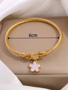 1pc Vintage Luxury Twisted‑Rope Bangle With Pink‑Shell Clover Charm, 18K Gold‑Plated Stainless‑Steel, Unisex Daily Wear Jewelry - Gold - View 3