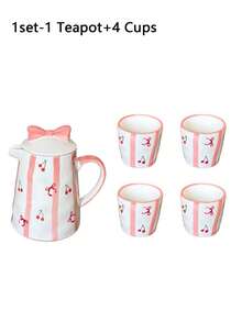 1 Set 1 Tetera 4 Tazas Juego de Té de Cerámica Resistente al Calor, Estilo Coreano Ins Lindo Pintado a Mano con Lazo | Juego de Té de Cereza, Adecuado para Tetera de Té de Flores, Hervidor de Agua de Té, Tetera de Infusión de Té, Juego de Preparación de Té, Reuniones de Fiesta, Todas las Estaciones - Multicolor - Ver 10