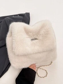 Autumn/Winter New Plush Bag, Solid Color Minimalist Flap Plush Bag, Lightweight Large Capacity Shoulder Crossbody Women's Bag, Chain Square Design, Suitable For Women's Daily Use - White - View 4