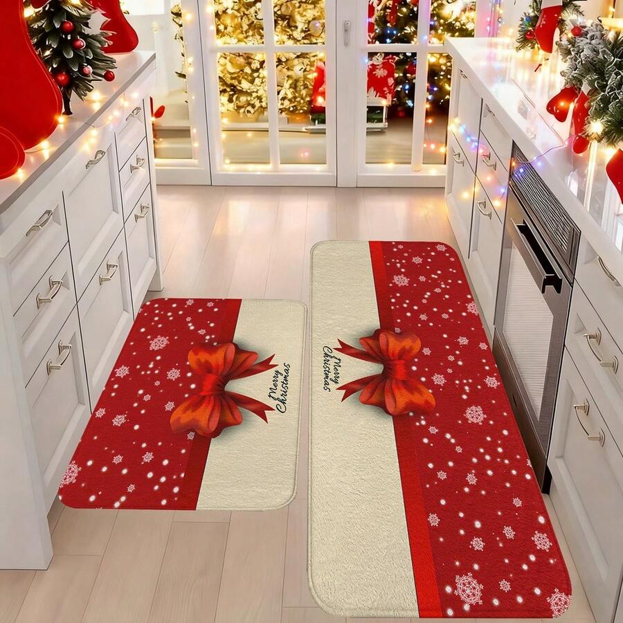 1/2/3pcs Christmas Theme Kitchen Rugs, Flannel Kitchen Mats, Soft Comfortable Absorbent Non-Slip Machine Washable With Non-Slip Backing, Suitable For Multiple Scenes: Entryway, Living Room, Bedroom, Kitchen, Dining Room, Bathroom, Laundry Room, Hallway, Christmas Holiday Home Decor Floor Mat - Multicolor - View 1