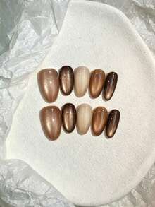 10pcs Pure Handmade Oval Press On Nails, Warm Minimalist Style, Brown Gradient Cat Eye Multicolor Design For Women And Girls, Spring Summer Fall Winter Festivals Party And Daily Life Use - Brown - View 10