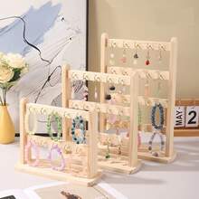 Solid Wood Multi-Layer Jewelry Display Stand, Desktop Earring & Bracelet Storage Rack, Pendant & Accessory Organizer Display Rack, 4-Tier 20-Hook Model - Khaki - View 3