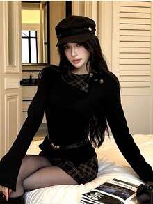 New Women's Winter Knit Long Sleeve Christmas Cosplay Top, Spring/Autumn Simple Elegant Sexy Plaid Patchwork Long Sleeve Knit Sweater - Black - View 1