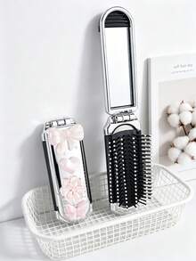 1件電鍍銀折疊梳子附鏡子，飾有3D蝴蝶結、愛心、花朵與蝴蝶，便攜折疊旅行梳鏡，迷你手提包旅行梳，專為女性設計的髮型造型工具 - 彩色 - 查看 10