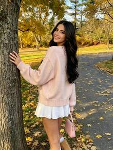 Cardigan Wanita Nyaman Warna Pink dengan Kancing, Lengan Panjang, Bahan Rajut Poliester Elastis Sedang, Ideal untuk Musim Gugur/Dingin - Berwarna merah muda - View 4