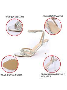 Silver Crystal Rhinestone Strappy Stiletto Heel Women's Sandals, Ankle Strap Round Toe High Heels, Elegant Wedding Guest Dress Shoes - Silver - View 2