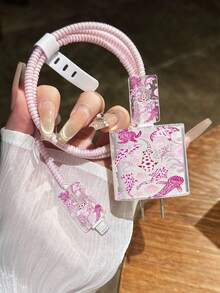 5pcs Pink Ocean Creature Pattern 1.4m Cable Wrap Charger Head Protector, Anti-Breakage TPU Cable Organizer Charging Head Protector. Compatible With Phone 12/13/14, Suitable For 20W Fast Charging Cable - Multicolor - View 1