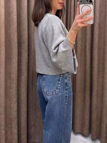 女款優雅中袖針織開襟衫 - 灰色 - 查看 3
