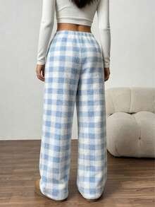 Women's Plaid Pattern Wool Sweater Straight Leg Casual Pants Comfortable Long Pants Autumn/Winter Fluffy Pajama Pants With Pockets Design - Baby Blue - View 3