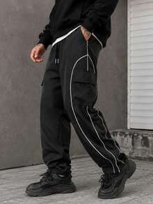 Black Side-Stripe Cargo Wide Leg Pants, Double Drawstring American Streetwear Loose Straight Leg Casual Long Pants For Men - Black - View 2