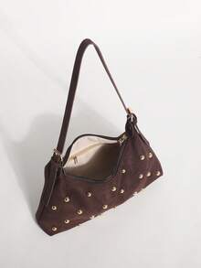 1pc Brown Textured Velvet Crescent Bag With Rivet Embellishment, Baguette Underarm Shoulder Bag For Women, Suitable For Commuting, Dating And Shopping - Coffee - View 10