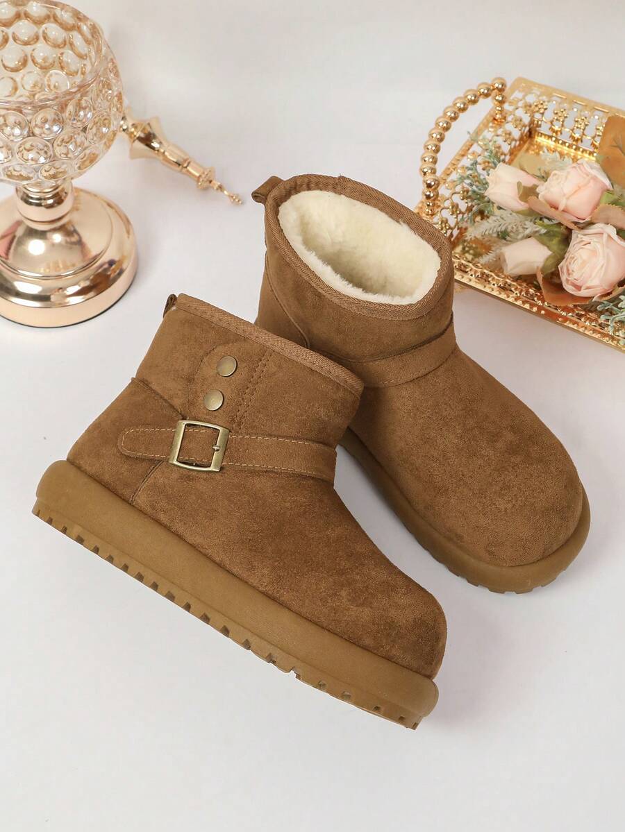 Camel Buckle Strap Decor Suede‑Look Platform Short Ankle Boots Women Winter Fashion Booties - Camel - View 1