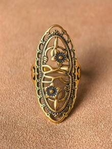 1pc Vintage Hollow Carved Gold-Tone Long Ring, 4 Color Options - Ancient Bronze - View 1