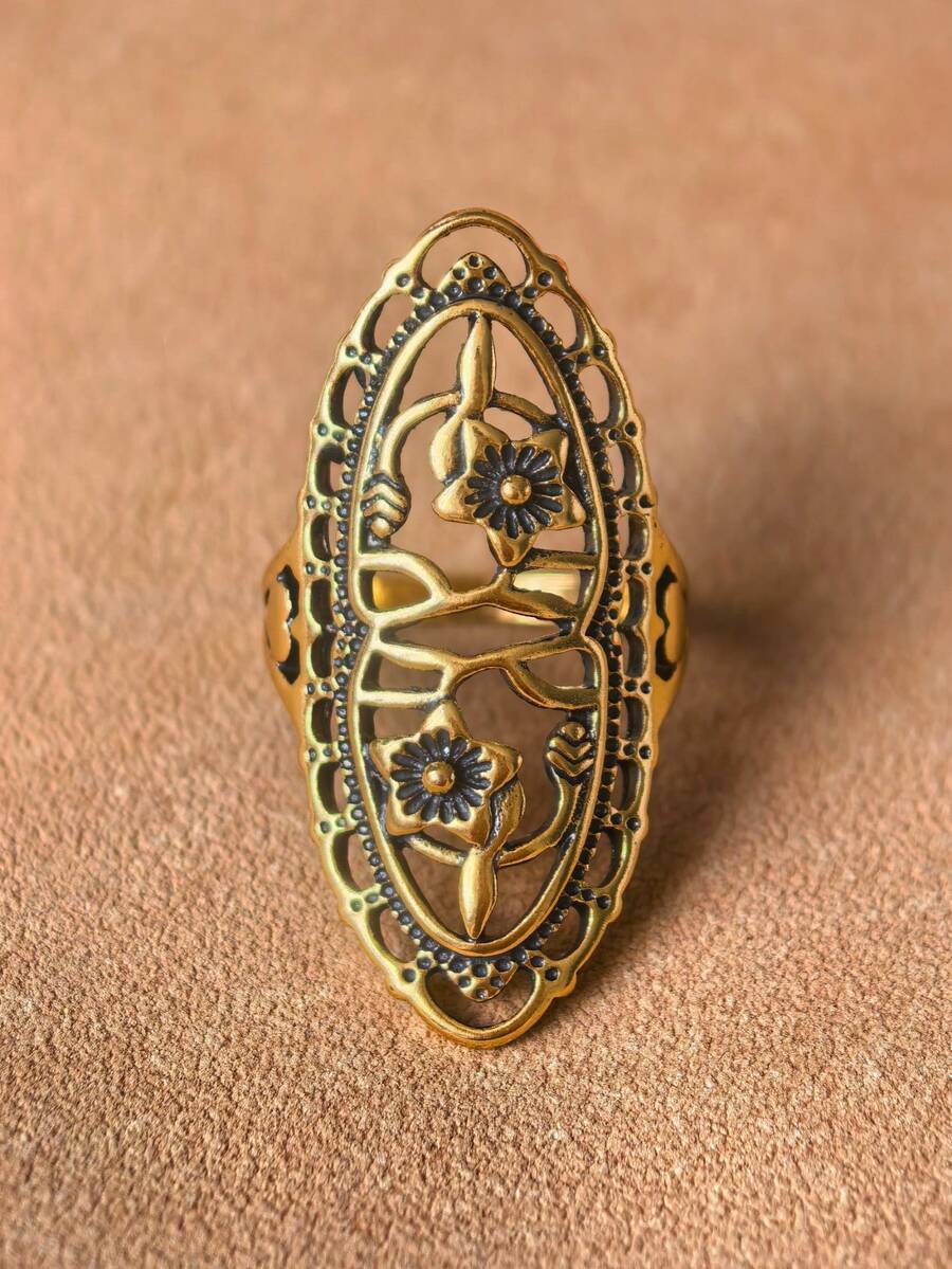1pc Vintage Hollow Carved Gold-Tone Long Ring, 4 Color Options - Ancient Bronze - View 1