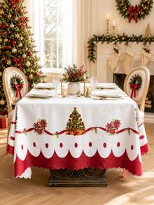 1pc Red Christmas Tablecloth, Floral And Bow Design, Rectangular Christmas Dining Tablecloth, Suitable For Holiday Parties, Kitchen And Home Decor - Multicolor - View 6