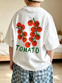Unisex Baby Tomato Slogan Print Back Graphic T-Shirt, Loose Fit Soft Knit Summer Short Sleeve Top, Suitable For Little Boys - White - View 1