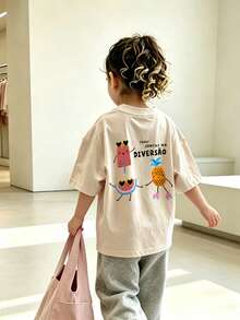 Retro Baby Girls Short Sleeve Top, Loose Round Neck Breathable Basic Style Toddler Baby Girl Outdoor Activity Outfit - Apricot - View 1