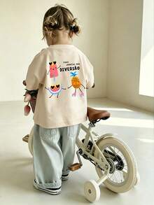 Retro Baby Girls Short Sleeve Top, Loose Round Neck Breathable Basic Style Toddler Baby Girl Outdoor Activity Outfit - Apricot - View 2