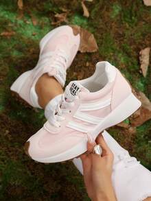 Women Retro Patchwork Lace‑Up Casual Running Sneakers - Pink - View 2