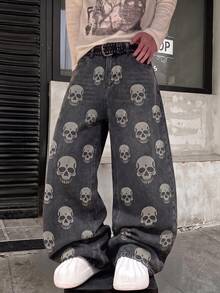 LIYS Men's Vintage Skull Print Wide Leg Loose Fit Jeans, Washed Grey Loose Denim Pants - Light Grey - View 2
