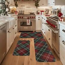 1/2/3pcs Christmas Theme Kitchen Rug, Flannel Kitchen Rug Red & Green Plaid Christmas Style, Comfortable Soft Absorbent Non-Slip, Machine Washable With Non-Slip Backing, Multi-Functional Home Mat Suitable For Doorway, Living Room, Bedroom, Kitchen, Dining Room, Bathroom, Laundry Room, Patio, Entryway, Holiday Home Decor - Multicolor - View 5