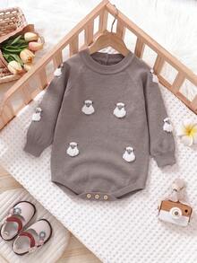 Baby Girl Unisex Knitted Crew Neck Long Sleeve Bodysuit With Sheep Embroidery - Coffee Brown - View 1