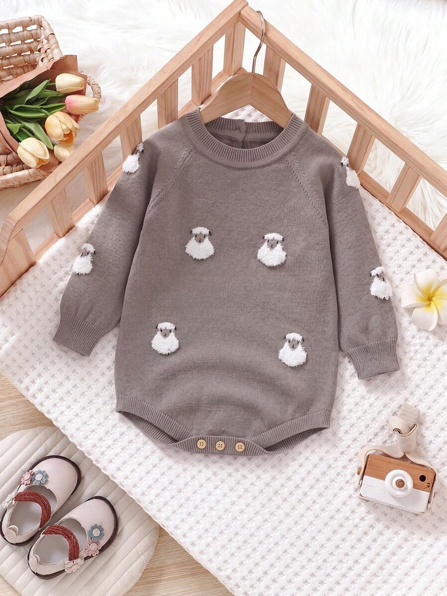 Baby Girl Unisex Knitted Crew Neck Long Sleeve Bodysuit With Sheep Embroidery - Coffee Brown - View 1
