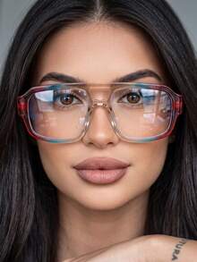 1 Pair Women's Large Frame Double Bridge Macaron Color Fashion Non-Prescription Glasses - Red and Blue Tea - View 2