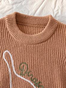 Boys Cute Embroidered Dinosaur English Letter Crew Neck Sweater Long Sleeve Knit Pullover Suitable For Daily Casual Spring Autumn Winter - Brown - View 3