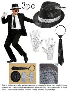 3-Piece Sequin Costume Accessory Set, Includes Sequin Fedora Hat, Tie And Gloves, Suitable For Halloween, Disco Night, Stage Performance, Cosplay, Jazz Dance, Party And Carnival - Multicolor - View 6