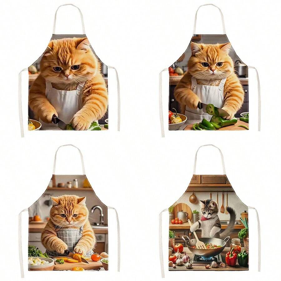 1pc Cartoon Cute Cooking Cat Creative Print Apron - Sleeveless Design, Durable And Comfortable Fit, Featuring Cat Cooking Pattern, Suitable For Cooking, Baking And Home Cleaning, Household Cleaning, Housework Apron, Hand-Painted Gardening Apron, Fun Home Gift - Multicolor - View 1