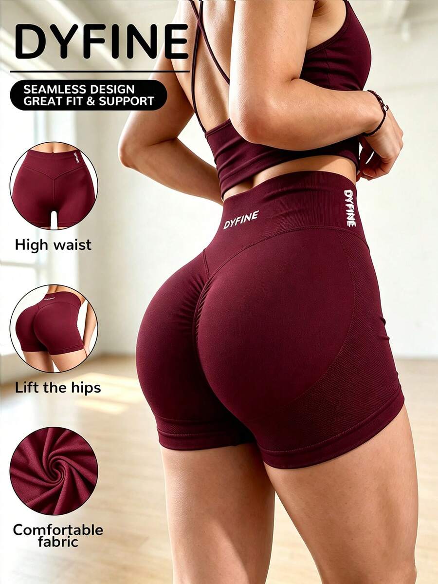 DYFINE Women's Seamless Elastic Butt Lifting Shaping Yoga Fitness Gym Running Sports Shorts - Crimson - View 1