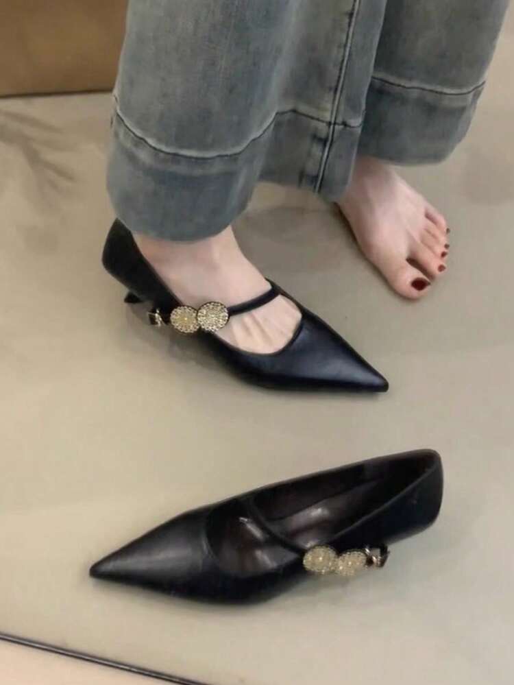 French Vintage Style Pointed Toe Kitten Heel Sandals For Women, Summer New Commute Evening Flat Shoes, Heel Height 3.5cm - Black - View 2
