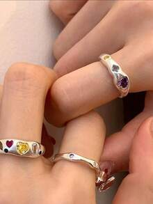 Women's Asymmetrical Alloy Metal Colorful Heart Ring, Niche Vintage Personalized, Minimalist Versatile Elegant Ring - Multicolor - View 3