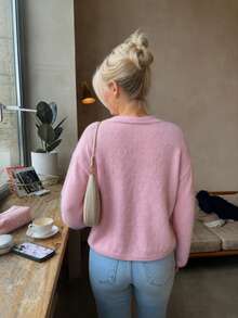 Women's Spring/Autumn/Winter Pink Basic Minimalist Long Sleeve V-Neck Front Open Cardigan Knit Jacket, Solid Color Gentle Casual Daily Wear - Pink - View 6