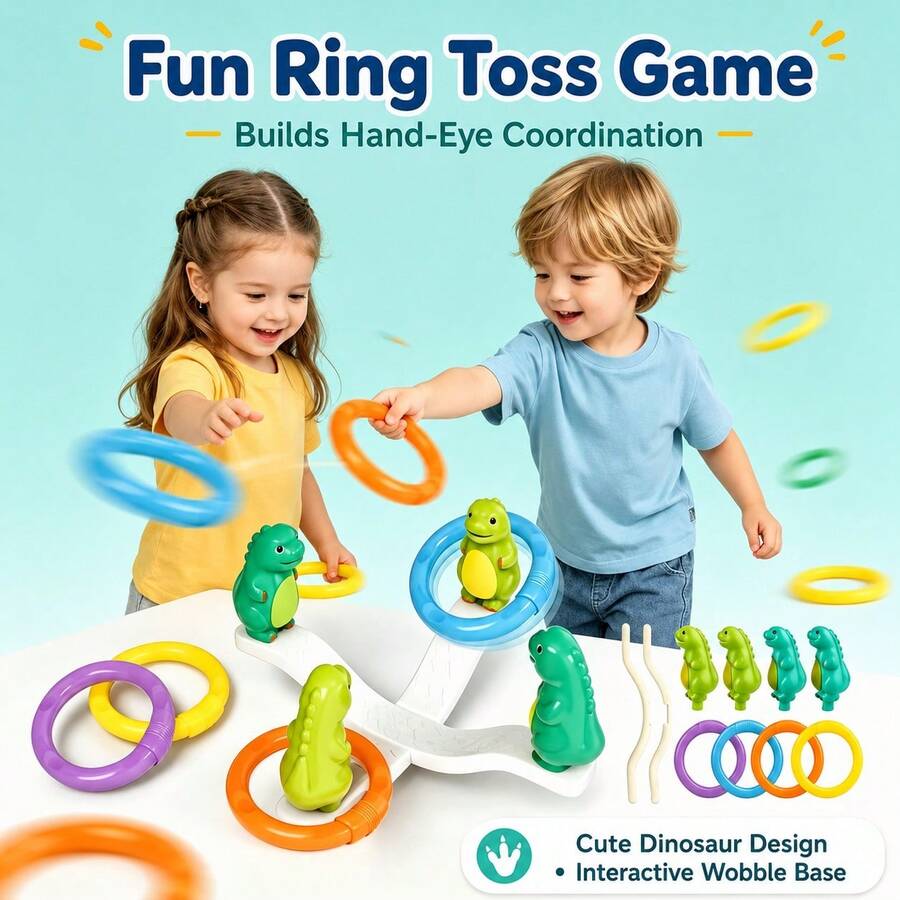 Dinosaur Rocking Balance Ring Toss Game Set, Children's Educational Ring Toss Toy, Develop Hand-Eye Coordination And Color Recognition, Parent-Child Interactive Indoor/Outdoor Party Game, Birthday Holiday Gift For Toddler Boys And Girls - Multicolor - View 1