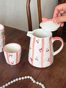 1 Set 1 Tetera 4 Tazas Juego de Té de Cerámica Resistente al Calor, Estilo Coreano Ins Lindo Pintado a Mano con Lazo | Juego de Té de Cereza, Adecuado para Tetera de Té de Flores, Hervidor de Agua de Té, Tetera de Infusión de Té, Juego de Preparación de Té, Reuniones de Fiesta, Todas las Estaciones - Multicolor - Ver 7