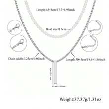 Bộ 2 dây chuyền choker nam phối nhiều lớp bằng thép không gỉ, mặt thanh dài hình vuông đính hạt, màu vàng/bạc thời trang - Thanh hình chữ nhật - Xem 2