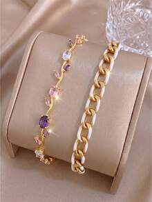 2pcsGold‑Tone Stainless Steel Bracelet, French‑Style Luxe White Enamel Curb Chain Design, Elevate Your Elegant Look - Gold - View 7