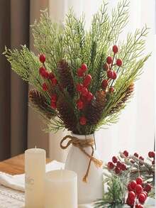 50pcs/40pcs Pine Cone & Red Berry Decor | Realistic Plastic Branch Christmas Tree Decoration | Winter Wedding & Wreath Centerpiece Decor | Durable Pine Cone & Red Berry Decoration | Holiday Berry Wreath Accessory - Multicolor - View 7