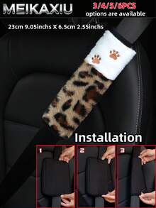 MEIKAXIU 3/4/5/6PCS Car Accessories Set, Artificial Leopard Print Plush Car Steering Wheel Cover Without Inner Ring, Matching Handbrake Cover, Gear Shift Cover, Shoulder Guard, Armrest Box Pad, Car Decoration Items For Women - Leopard Print Plush Set With Ears - View 5