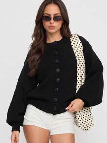Slouchy Round Neck Single-Breasted Loose Drop Shoulder Knit Cardigan Women Casual Solid Color Long Sleeve Chunky Yarn Sweater Jacket - Black - View 2