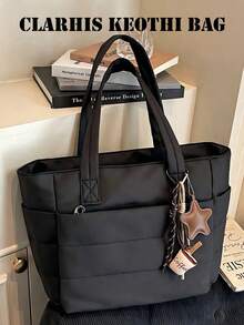 Women's Large Capacity Tote Bag, Horizontal Quilted Padded Grid Texture Stitching Decor, Nylon Fabric Material, Reinforced Extended Handle Strap, Open Design, Casual Style, Suitable For School, Work, Travel, Shopping, Commuting, Multi-Functional Daily Shoulder Bag - Black - View 1