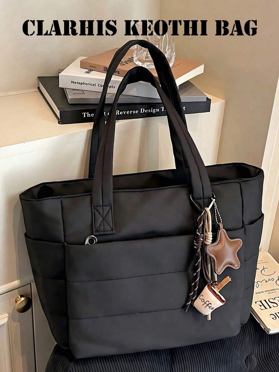 Women's Large Capacity Tote Bag, Horizontal Quilted Padded Grid Texture Stitching Decor, Nylon Fabric Material, Reinforced Extended Handle Strap, Open Design, Casual Style, Suitable For School, Work, Travel, Shopping, Commuting, Multi-Functional Daily Shoulder Bag - Black - View 1