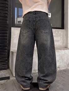 LIYS Men's Vintage Skull Print Wide Leg Loose Fit Jeans, Washed Grey Loose Denim Pants - Light Grey - View 3