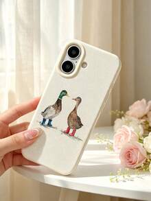 Watercolor Duck Couple With Rain Boots Phone Case Cute Animal Illustration Beige Slim Shockproof Cover - Multicolor - View 4
