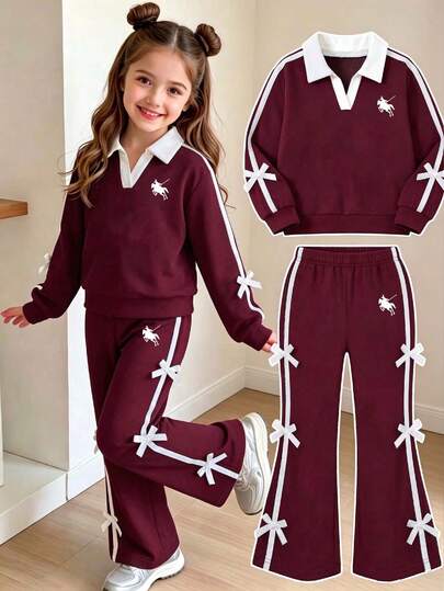 Sudadera de manga larga con cuello en V y pantalones con estampado de dibujos animados bordados para niña preadolescente