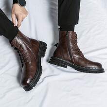 Men's Round Toe Brown Textured Boots With Front Lace-Up, Side Zipper, Thick Sole, Heel Decor And Pull Tab, Structured Silhouette, Formal Wedding Banquet Dress Boots - Brown - View 6