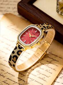 1pc Women's Square Oval Vintage Rhinestone Watch, Gold Alloy Case With Rhinestone Bezel, Red Dial, Leopard Print Metal Mesh Strap - Red - View 2