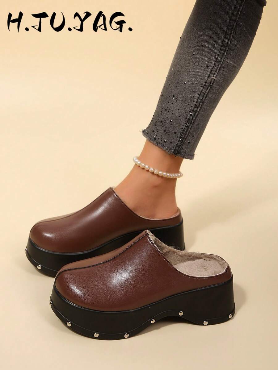 Daily Versatile One-Strap Mary Jane Mule Shoes, Rivet Platform Thick Sole Closed Toe Backless Half-Slip For Women - Brown - View 1